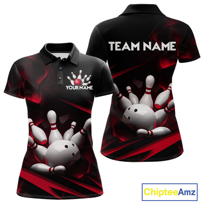 Personalized Bowling 1/4 Quarter Zip Polo Red Black Bowling Ball Jersey For Women NHT1345