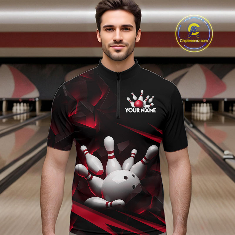 Personalized Bowling 1/4 Quarter Zip Polo Red Black Bowling Ball Jersey For Men NHT1345