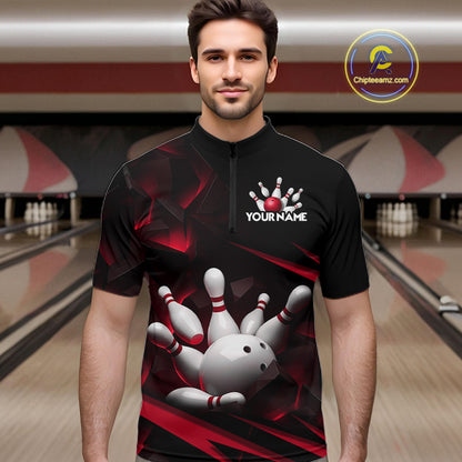 Personalized Bowling 1/4 Quarter Zip Polo Red Black Bowling Ball Jersey For Men NHT1345