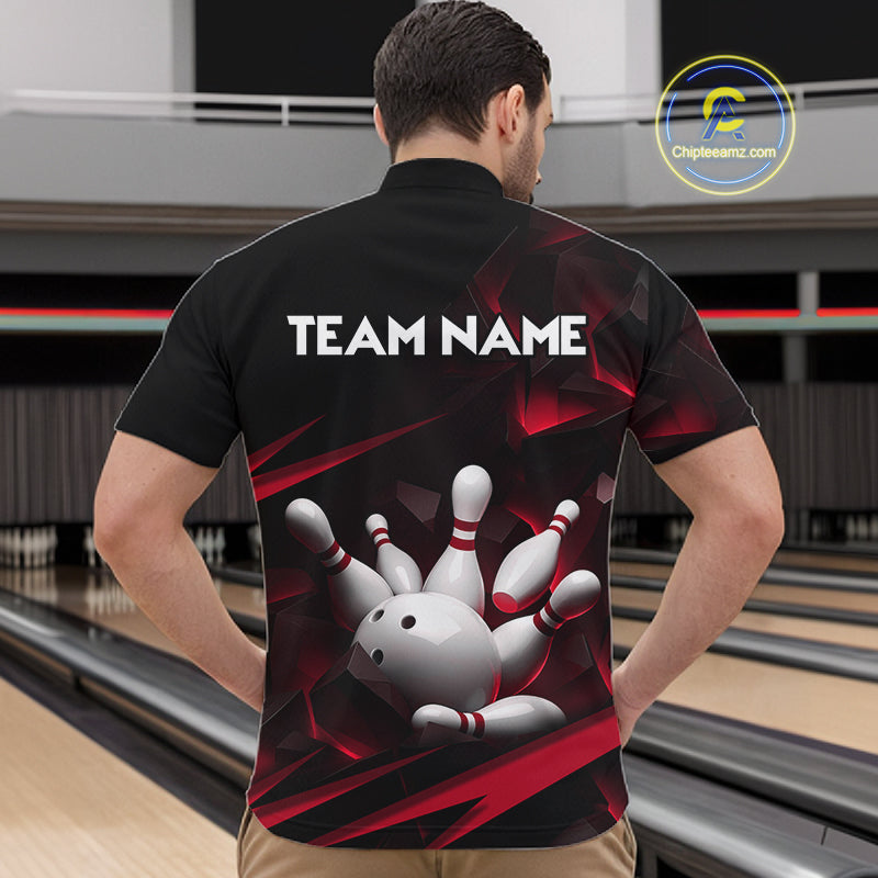 Personalized Bowling 1/4 Quarter Zip Polo Red Black Bowling Ball Jersey For Men NHT1345
