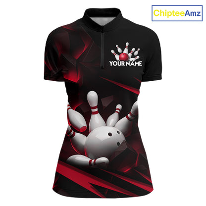 Personalized Bowling 1/4 Quarter Zip Polo Red Black Bowling Ball Jersey For Women NHT1345