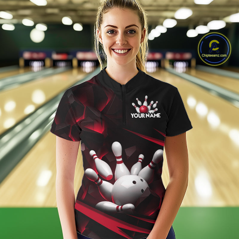 Personalized Bowling 1/4 Quarter Zip Polo Red Black Bowling Ball Jersey For Women NHT1345