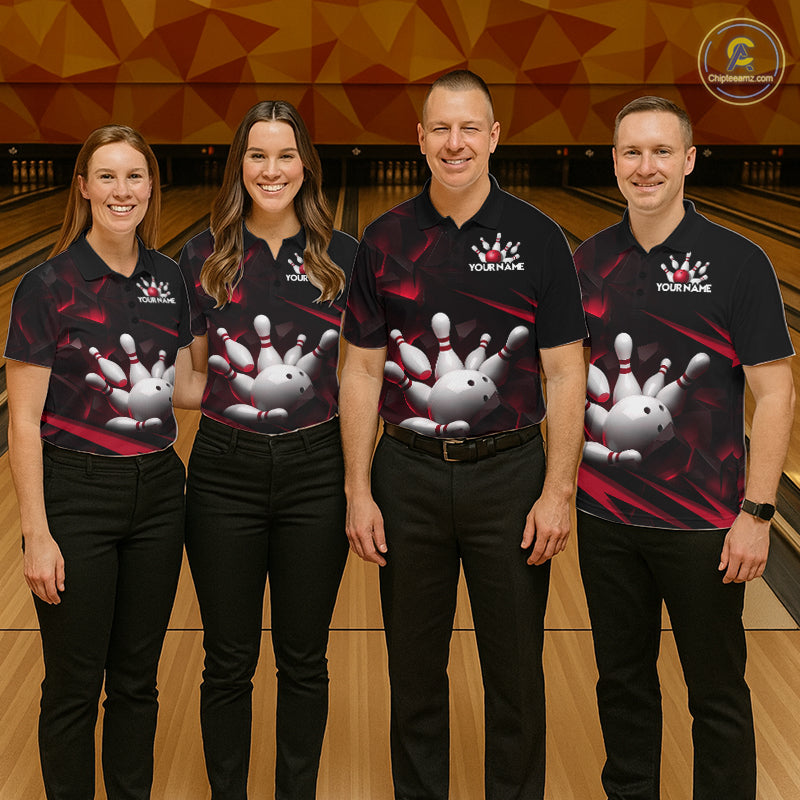 Personalized Bowling 1/4 Quarter Zip Polo Red Black Bowling Ball Jersey For Women NHT1345
