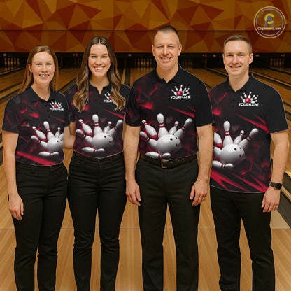 Personalized Bowling 1/4 Quarter Zip Polo Red Black Bowling Ball Jersey For Women NHT1345