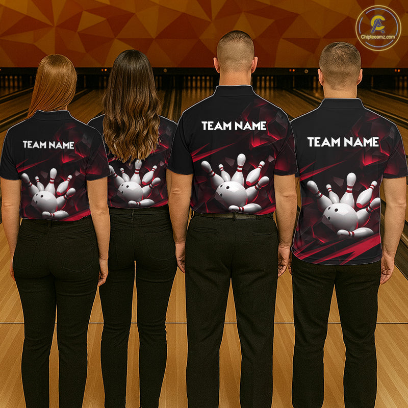 Personalized Bowling 1/4 Quarter Zip Polo Red Black Bowling Ball Jersey For Women NHT1345