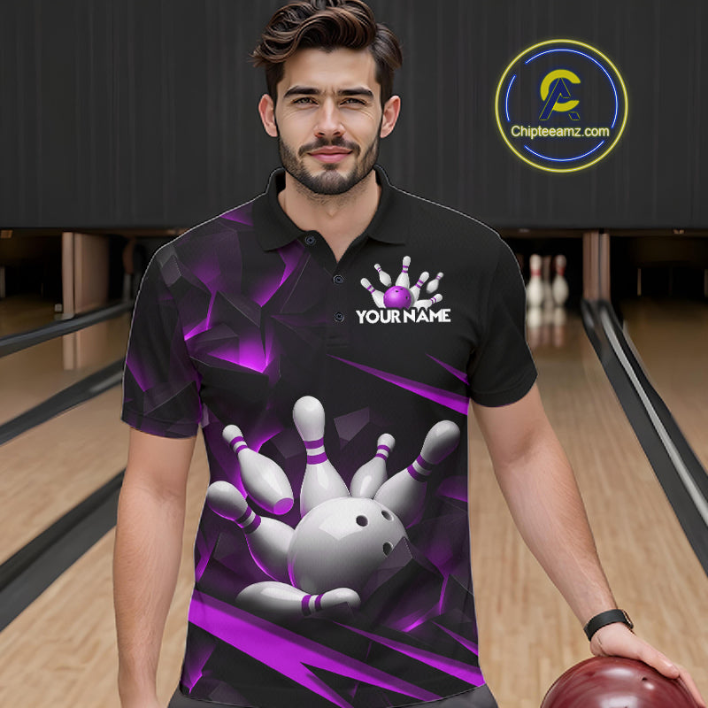 Personalized Bowling 1/4 Quarter Zip Polo Purple Black Bowling Ball Jersey For Men NHT1346