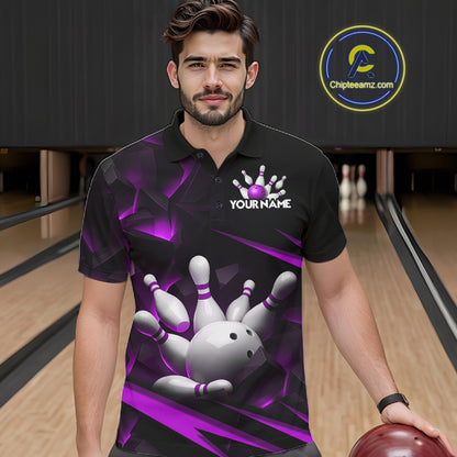 Personalized Bowling 1/4 Quarter Zip Polo Purple Black Bowling Ball Jersey For Men NHT1346