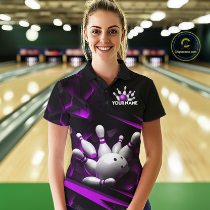 Personalized Bowling 1/4 Quarter Zip Polo Purple Black Bowling Ball Jersey For Women NHT1346