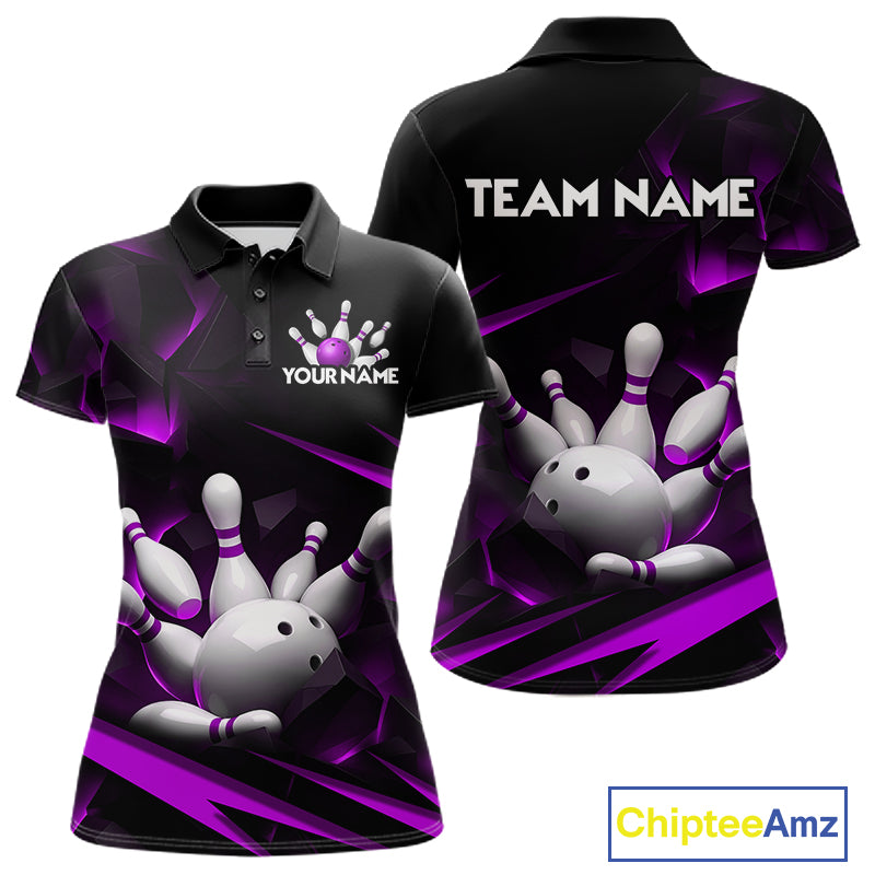 Personalized Bowling 1/4 Quarter Zip Polo Purple Black Bowling Ball Jersey For Women NHT1346