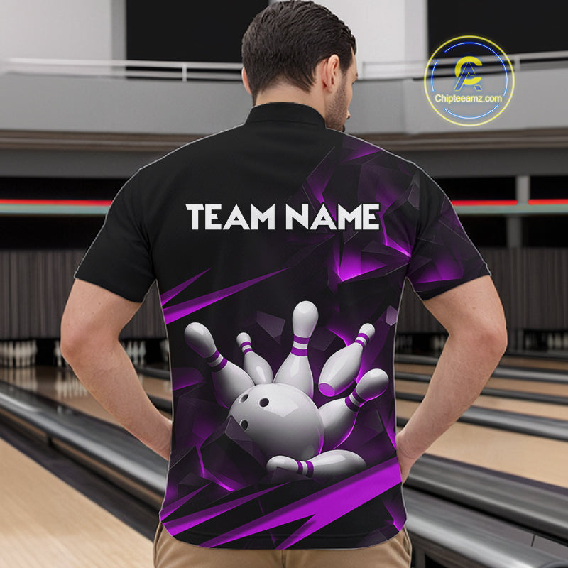 Personalized Bowling 1/4 Quarter Zip Polo Purple Black Bowling Ball Jersey For Men NHT1346