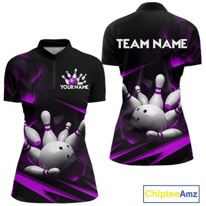 Personalized Bowling 1/4 Quarter Zip Polo Purple Black Bowling Ball Jersey For Women NHT1346