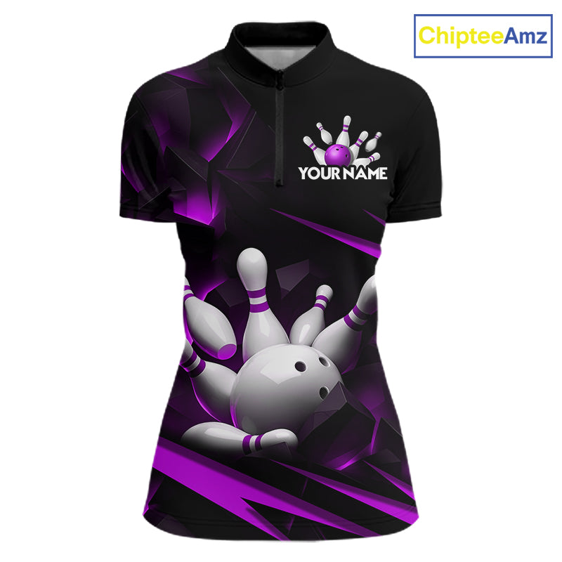 Personalized Bowling 1/4 Quarter Zip Polo Purple Black Bowling Ball Jersey For Women NHT1346