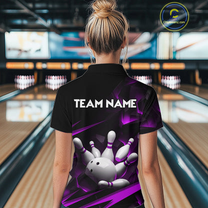 Personalized Bowling 1/4 Quarter Zip Polo Purple Black Bowling Ball Jersey For Women NHT1346