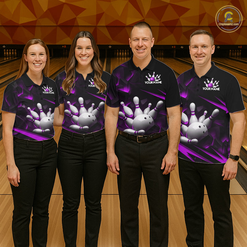 Personalized Bowling 1/4 Quarter Zip Polo Purple Black Bowling Ball Jersey For Women NHT1346