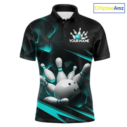 Personalized Bowling 1/4 Quarter Zip Polo Turquoise Black Bowling Ball Jersey For Men NHT1347