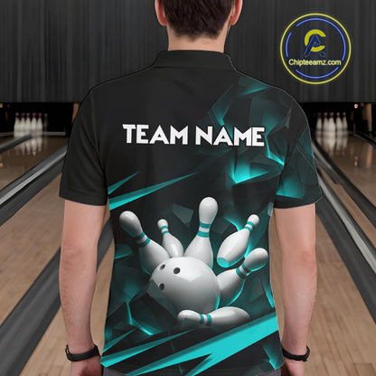 Personalized Bowling 1/4 Quarter Zip Polo Turquoise Black Bowling Ball Jersey For Men NHT1347