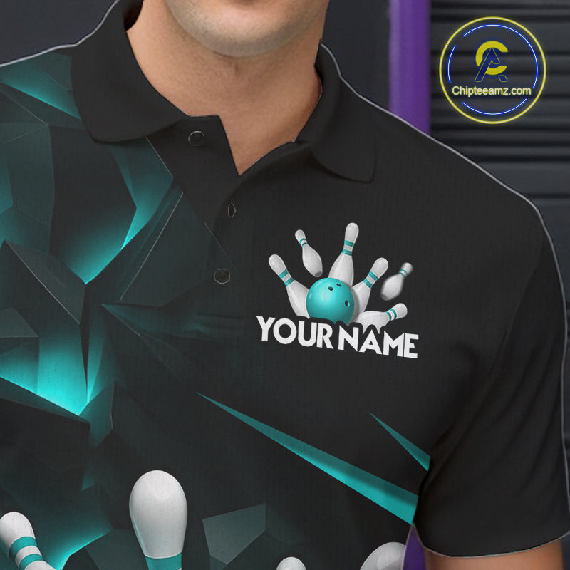 Personalized Bowling 1/4 Quarter Zip Polo Turquoise Black Bowling Ball Jersey For Men NHT1347
