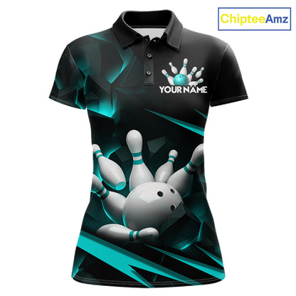 Personalized Bowling 1/4 Quarter Zip Polo Turquoise Black Bowling Ball Jersey For Women NHT1347