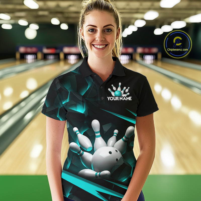 Personalized Bowling 1/4 Quarter Zip Polo Turquoise Black Bowling Ball Jersey For Women NHT1347