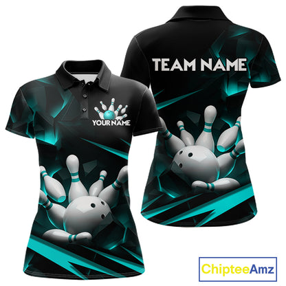 Personalized Bowling 1/4 Quarter Zip Polo Turquoise Black Bowling Ball Jersey For Women NHT1347