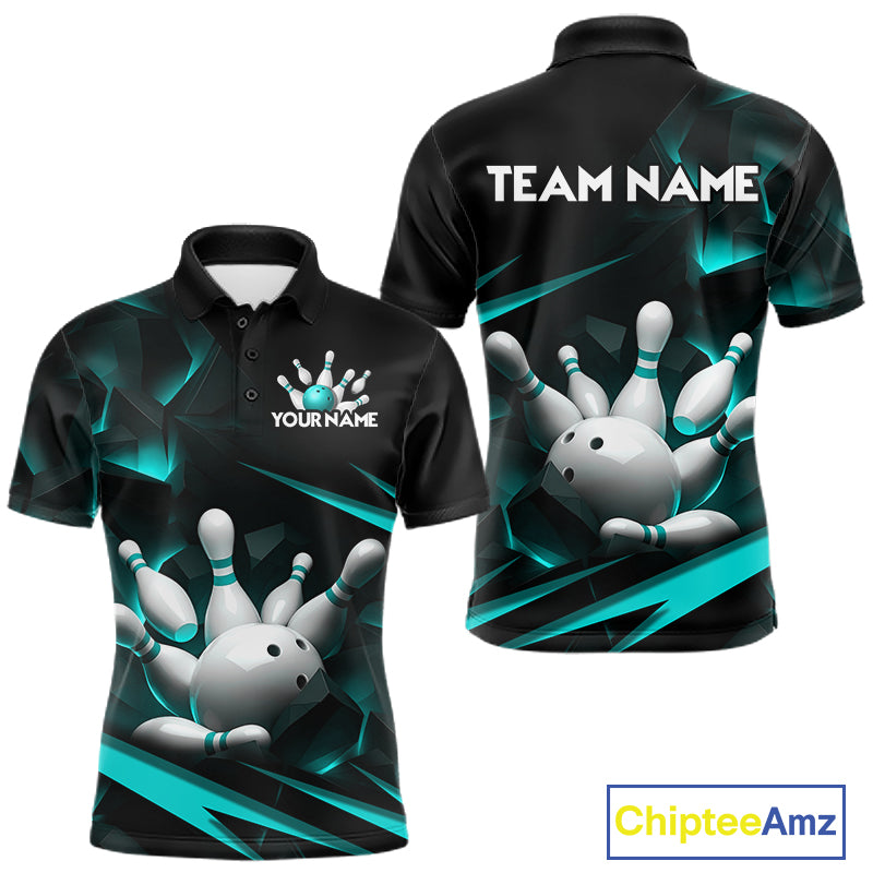 Personalized Bowling 1/4 Quarter Zip Polo Turquoise Black Bowling Ball Jersey For Men NHT1347