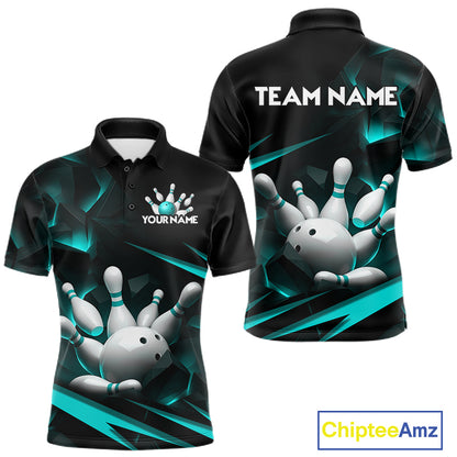 Personalized Bowling 1/4 Quarter Zip Polo Turquoise Black Bowling Ball Jersey For Men NHT1347
