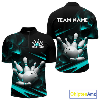 Personalized Bowling 1/4 Quarter Zip Polo Turquoise Black Bowling Ball Jersey For Men NHT1347