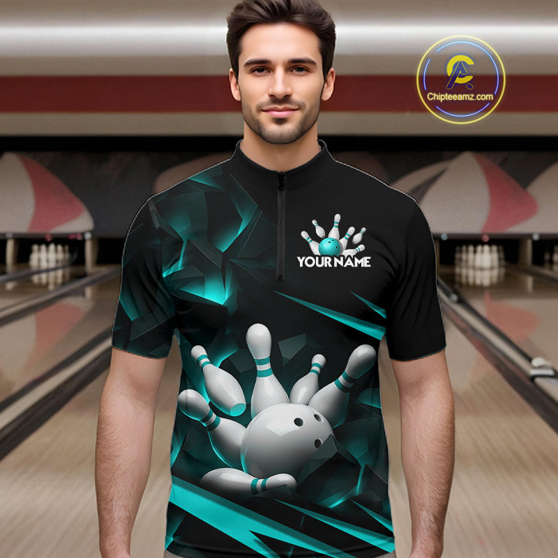 Personalized Bowling 1/4 Quarter Zip Polo Turquoise Black Bowling Ball Jersey For Men NHT1347