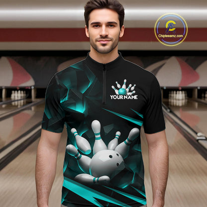 Personalized Bowling 1/4 Quarter Zip Polo Turquoise Black Bowling Ball Jersey For Men NHT1347