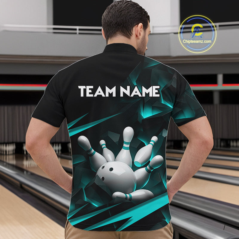 Personalized Bowling 1/4 Quarter Zip Polo Turquoise Black Bowling Ball Jersey For Men NHT1347