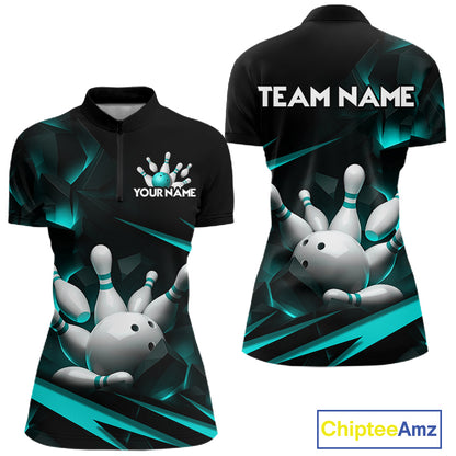 Personalized Bowling 1/4 Quarter Zip Polo Turquoise Black Bowling Ball Jersey For Women NHT1347