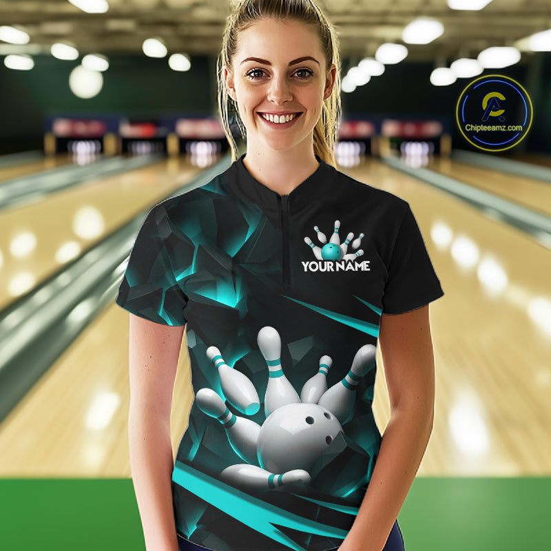 Personalized Bowling 1/4 Quarter Zip Polo Turquoise Black Bowling Ball Jersey For Women NHT1347