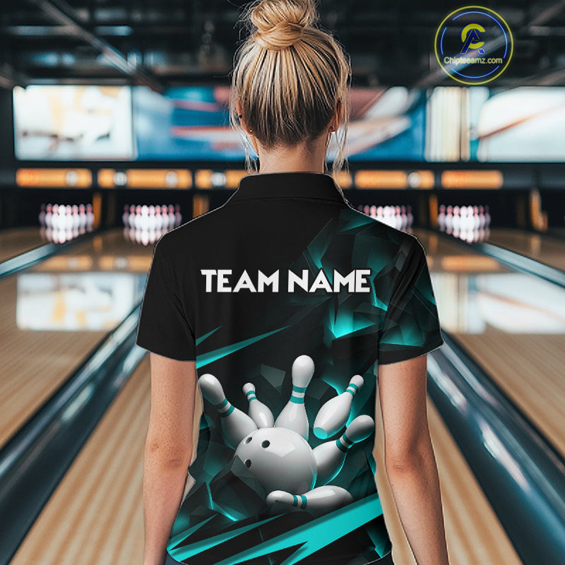 Personalized Bowling 1/4 Quarter Zip Polo Turquoise Black Bowling Ball Jersey For Women NHT1347