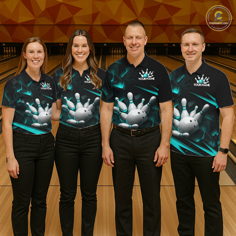 Personalized Bowling 1/4 Quarter Zip Polo Turquoise Black Bowling Ball Jersey For Women NHT1347