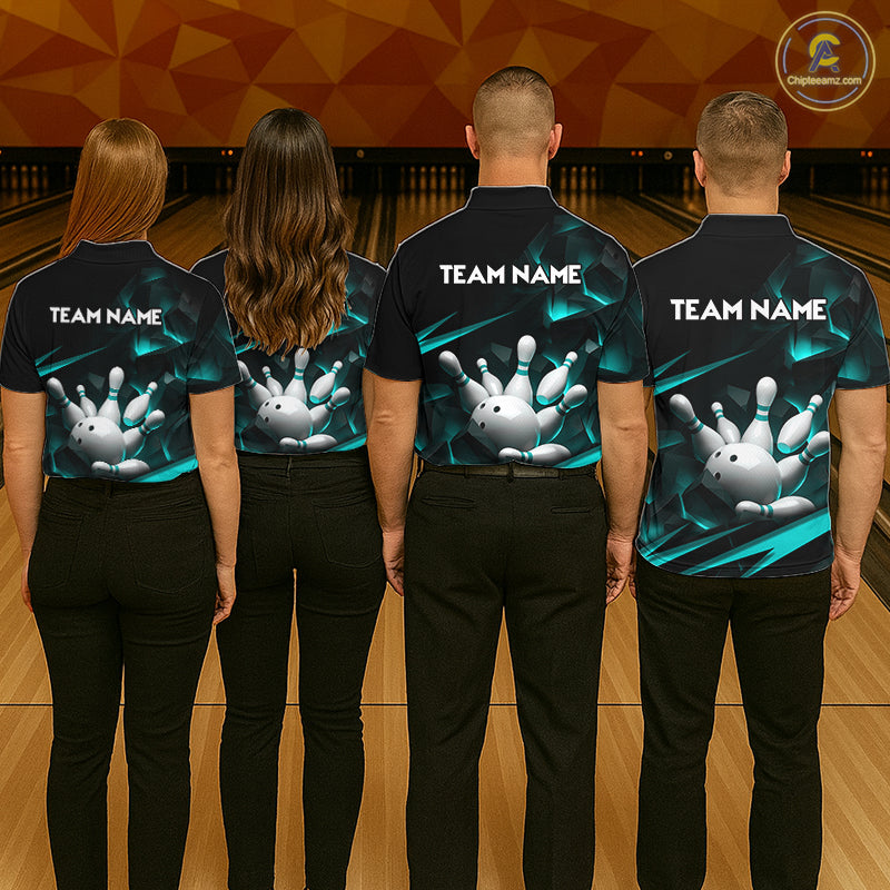 Personalized Bowling 1/4 Quarter Zip Polo Turquoise Black Bowling Ball Jersey For Women NHT1347