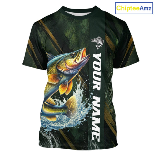 Personalized T-Shirts Walleye Fishing Jersey – Green Angler Shirt Custom Name, Fishing Gift For Men NHT876