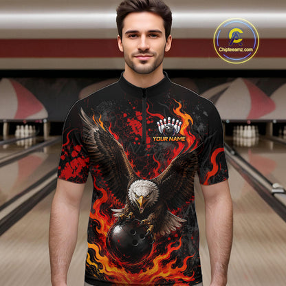 Eagle Bowling Polo Shirt Custom Name Team Quarter Zip Bowling Jersey For Men NHT1350