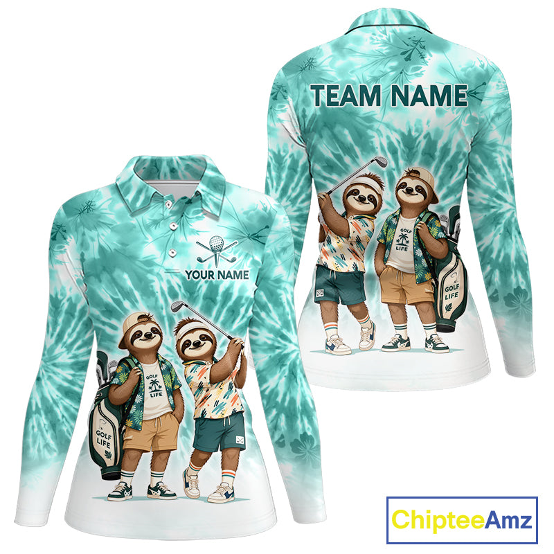 Funny Sloth Golf Polo Shirt For Womens –  Blue Tie Dye Custom Name Golf Shirt, Golf Gift NHT880
