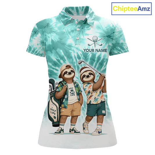 Funny Sloth Golf Polo Shirt For Womens –  Blue Tie Dye Custom Name Golf Shirt, Golf Gift NHT880