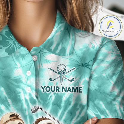 Funny Sloth Golf Polo Shirt For Womens –  Blue Tie Dye Custom Name Golf Shirt, Golf Gift NHT880