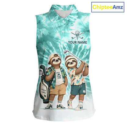 Funny Sloth Sleeveless Womens Golf Polo Shirt  –  Blue Tie Dye Custom Name Golf Shirt, Golf Gift NHT880