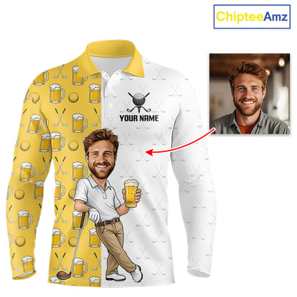 Custom Golf Polo With Face Funny Golfer Beer Lover Gift For Men|Yellow 