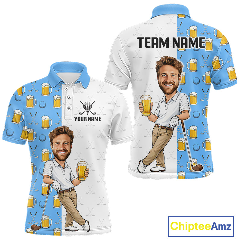 Custom Golf Polo With Face Funny Golfer Beer Lover Gift For Men|Blue 