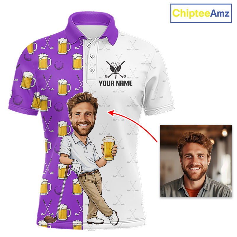 Custom Golf Polo With Face Funny Golfer Beer Lover Gift For Men|Purple 