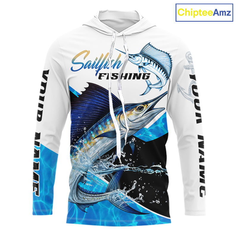 Custom Sailfish Saltwater Fishing Shirts Long Sleeve Hooded Designed For Deep Sea Anglers NHT1356