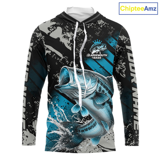 Bass Fishing Shirts Long Sleeve Hooded Customized Name, Largemouth Bass Fishing Jerseys For Men NHT531