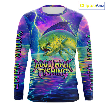 Angry Mahi Mahi Custom Fishing Shirts Long Sleeve, Design Neon Mahi Mahi Fishing Jersey NHT533