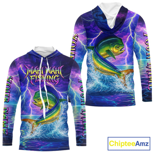 Custom Neon Pattern Mahi Mahi Hooded Fishing Shirts Long Sleeve, Fishing Shirt Jersey NHT534