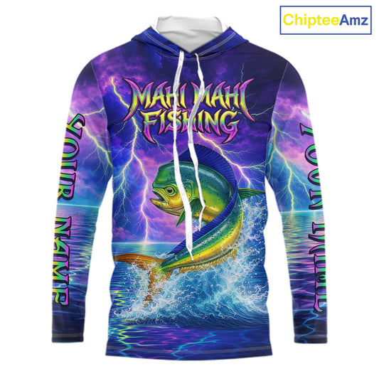 Custom Neon Pattern Mahi Mahi Hooded Fishing Shirts Long Sleeve, Fishing Shirt Jersey NHT534