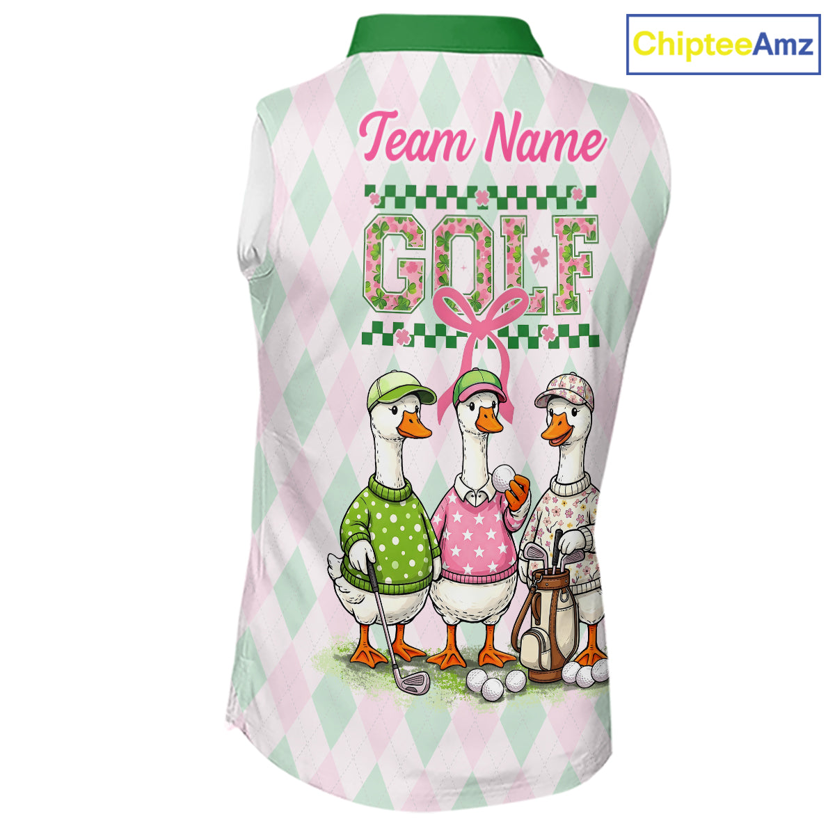 The Duck Family Golf Team – Personalized Matching Argyle Pattern Womens Sleeveless Polos Golf Shirt NHT723